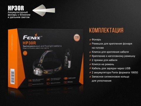Фонарь светодиодный налобный Fenix HP30R черный, 1750 лм, аккумулятор*